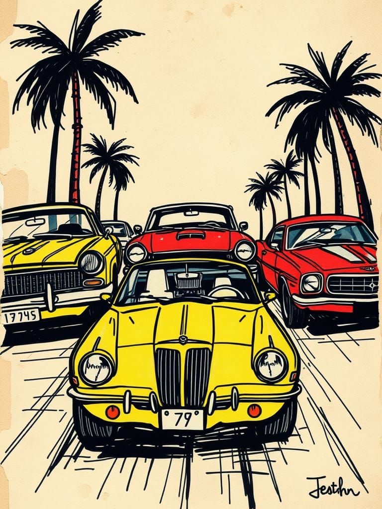 Classic Muscle Car Art in Hand-Drawn Ink Style