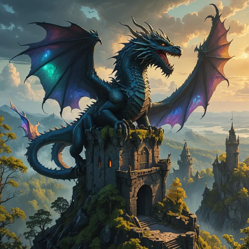 Iridescent Dragon on Ruined Tower in Matte Painting Style