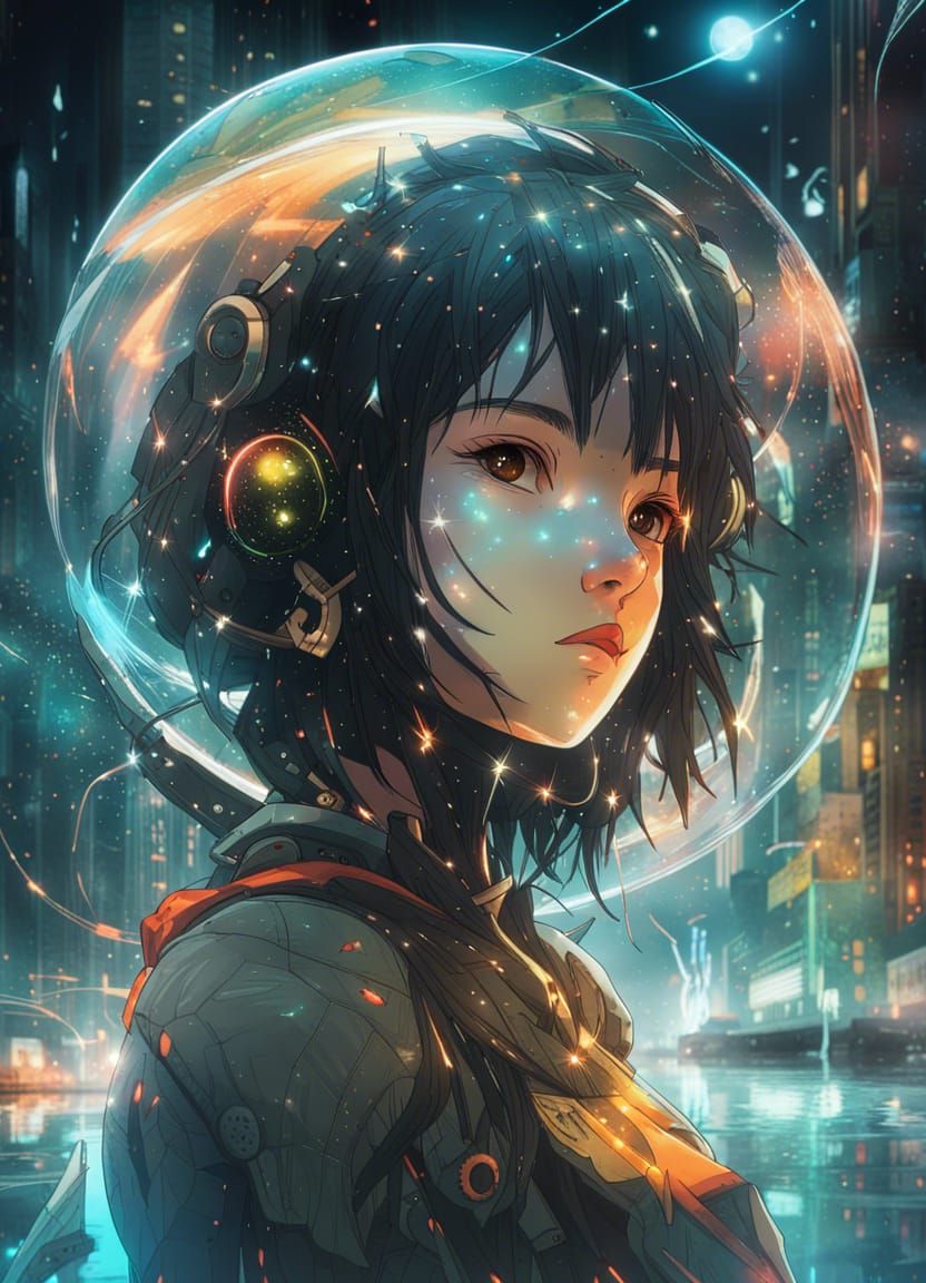 Anime Girl with Glowing Eyes in Space