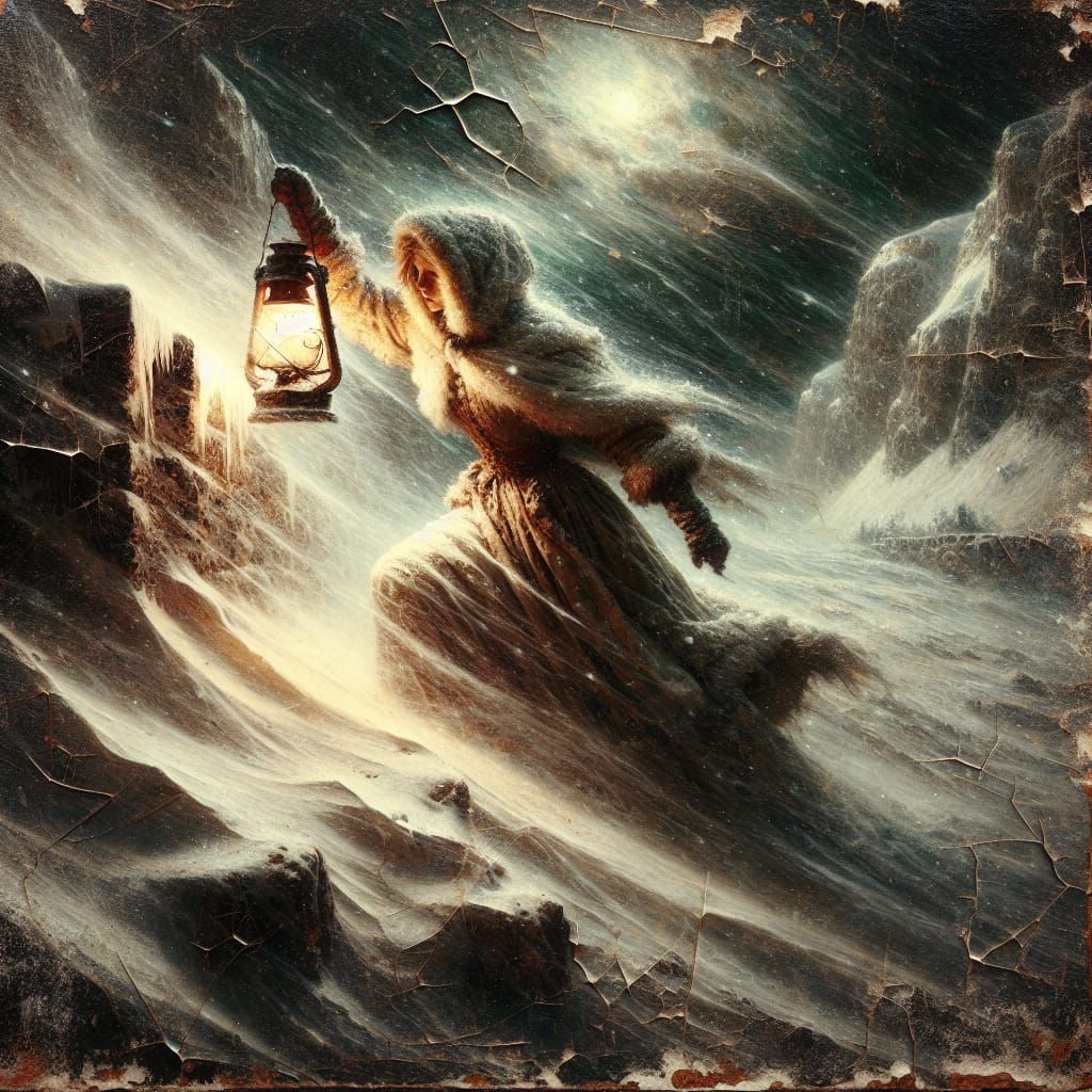 Girl With Lantern in Winter Storm, as Oil Painting