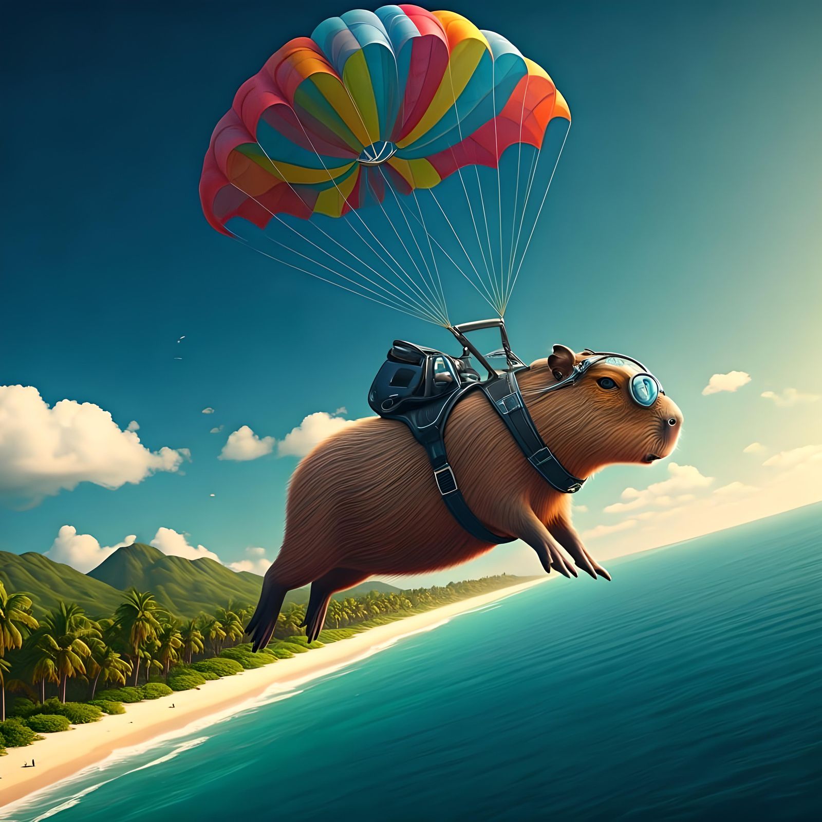 Capybara Parachuting onto a Beach in Hyperrealism
