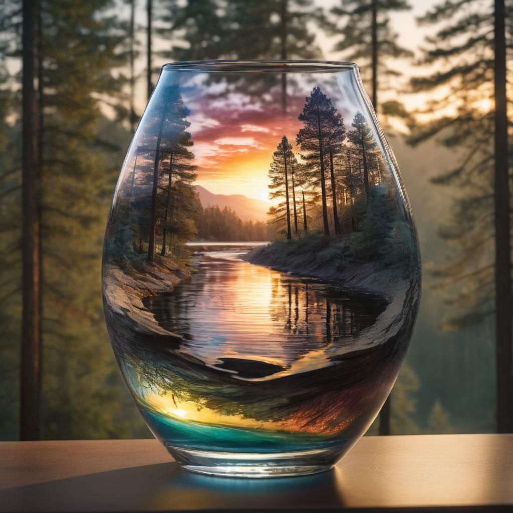 River Scene in Glass Vase: Watercolor Double Exposure