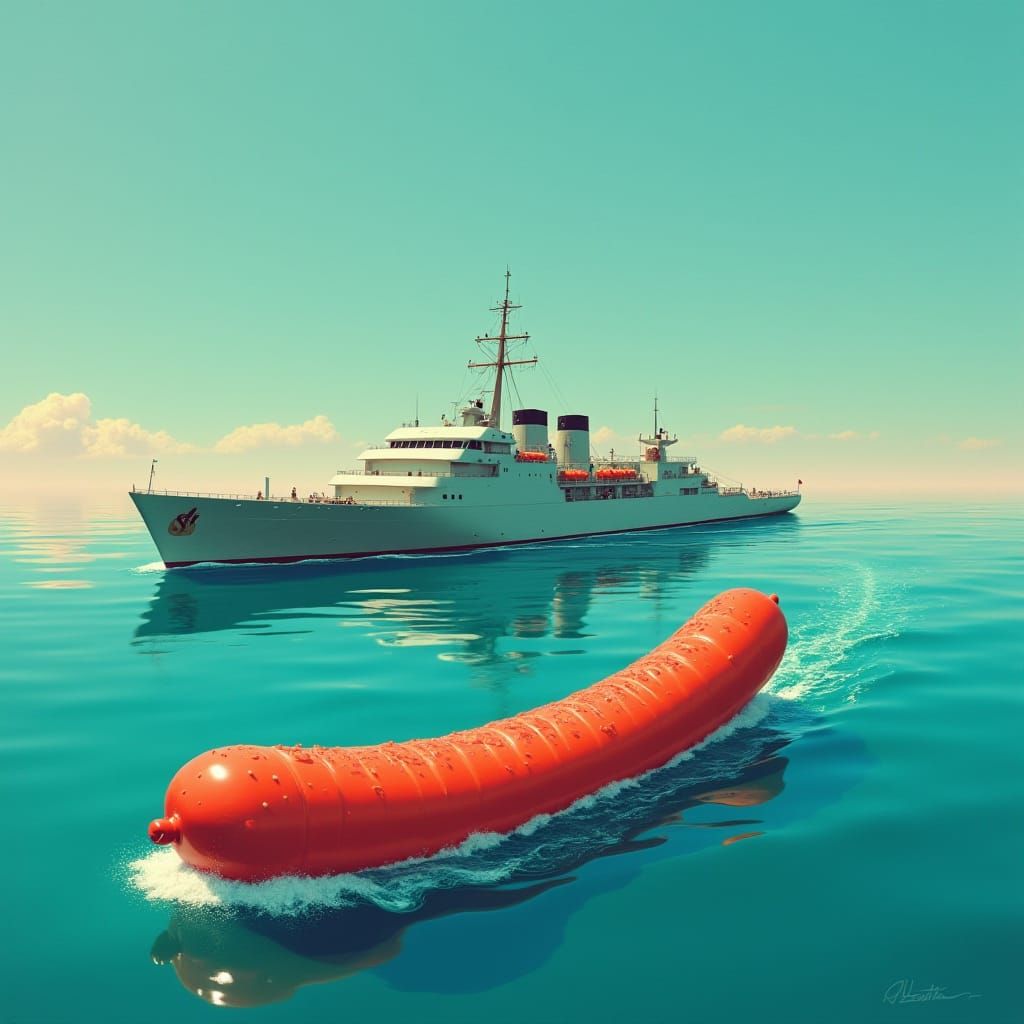 Naval Vessel and Sausage in Surrealist Style