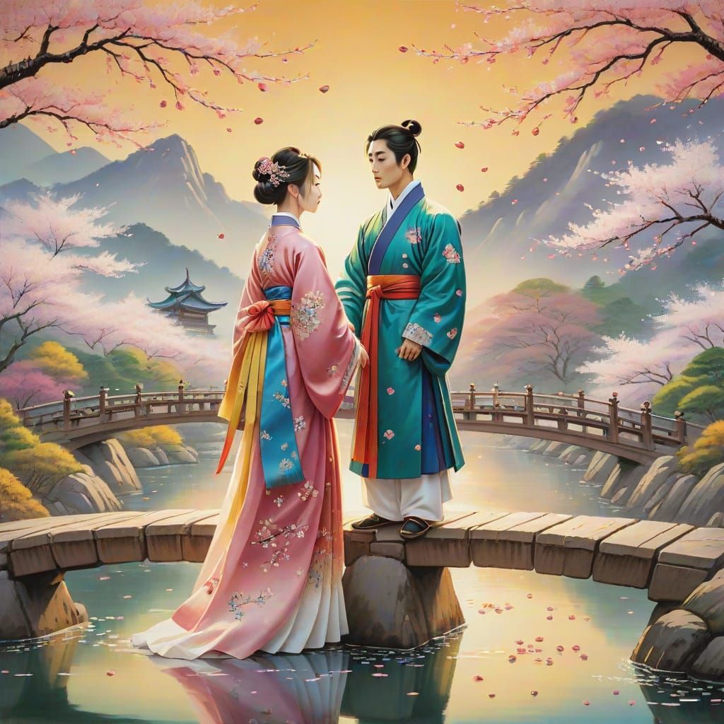 Korean Royal Couple Amidst Cherry Blossom Splendor in Tradit...