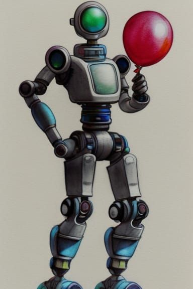 pencil drawing of a robot holding a balloon