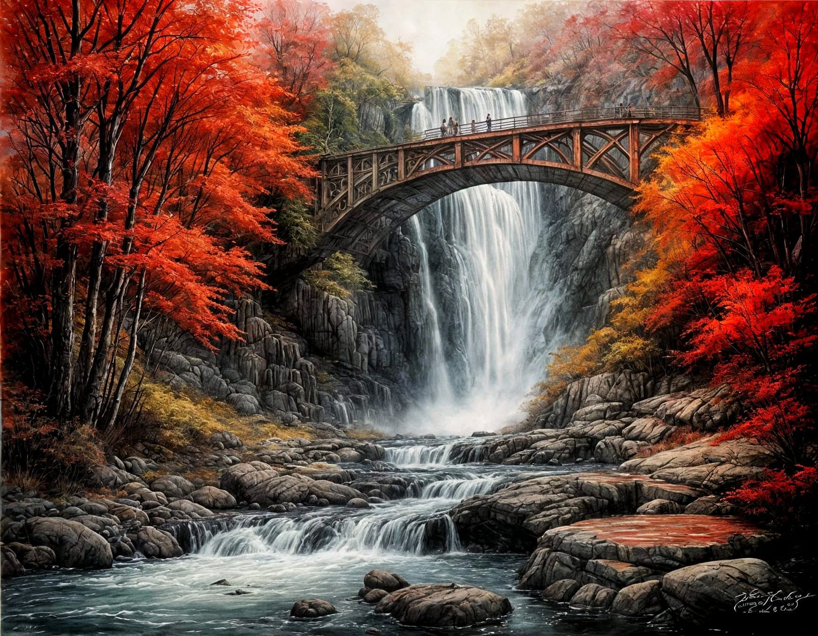 Cascading Waterfall with Bridge in Watercolor Sketch Style
