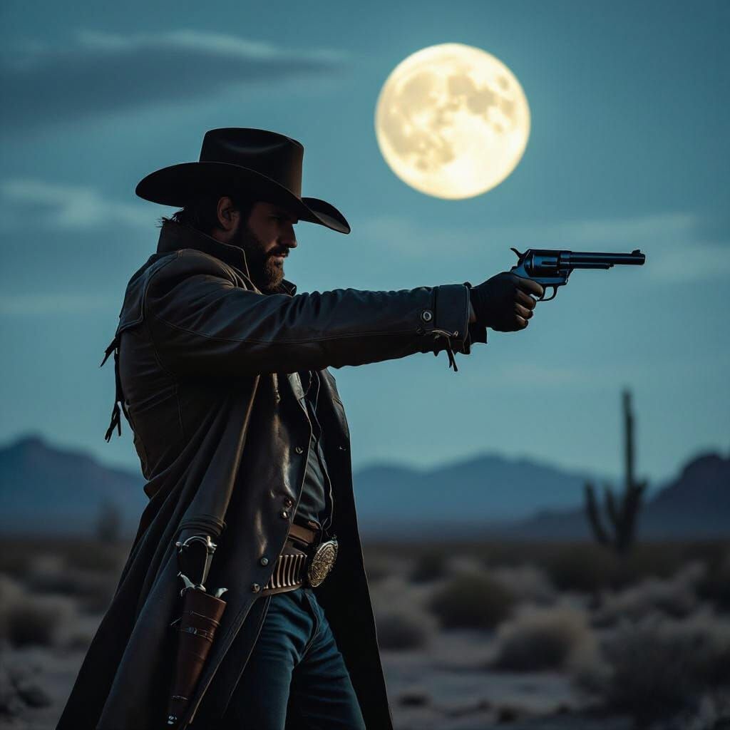 Dramatic Desert Outlaw with Six-Shooter at Night
