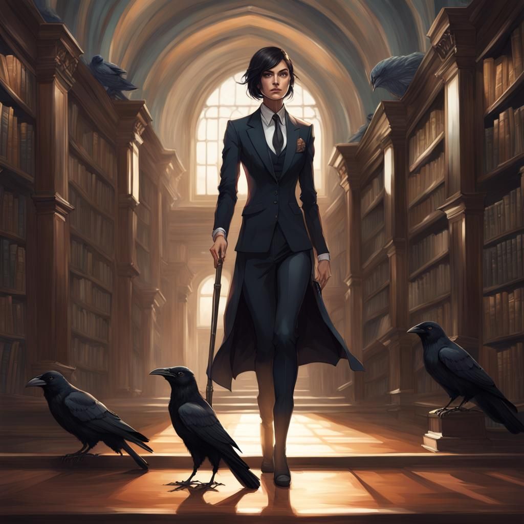 Raven Girl Portrait in Library, Art Nouveau Style