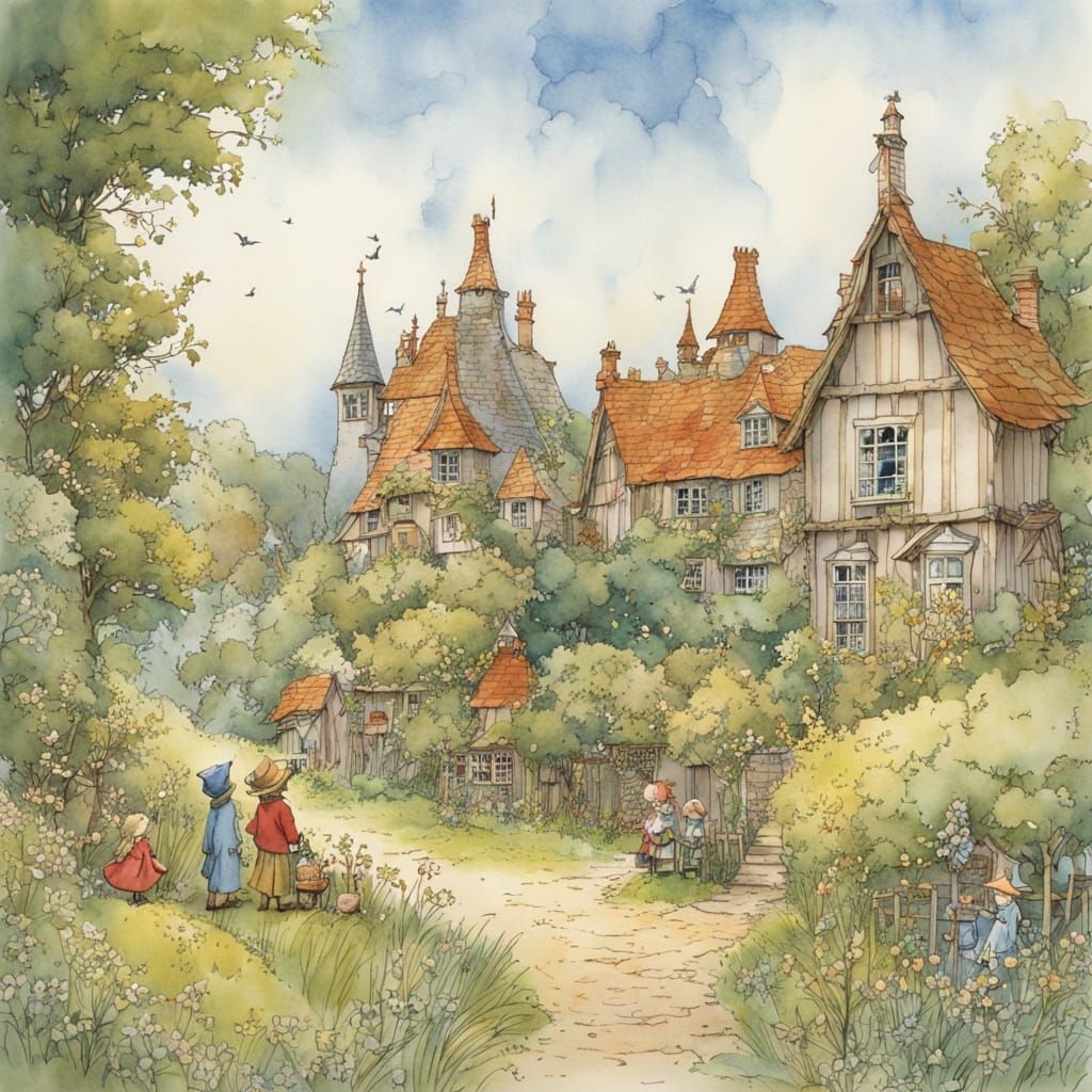 Wizard in Village: Storybook Watercolor Illustration