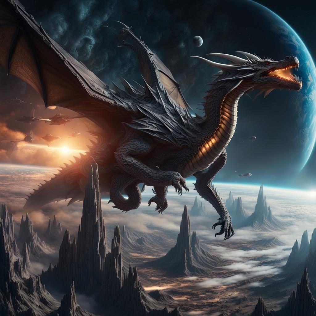 Dragon Starship Enfolds Planet: Epic Digital Matte Painting