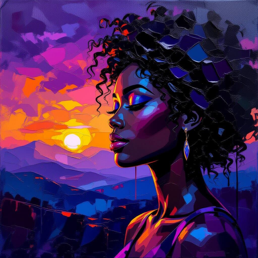 Encaustic Portrait of Woman in Rainy Japanese Landscape