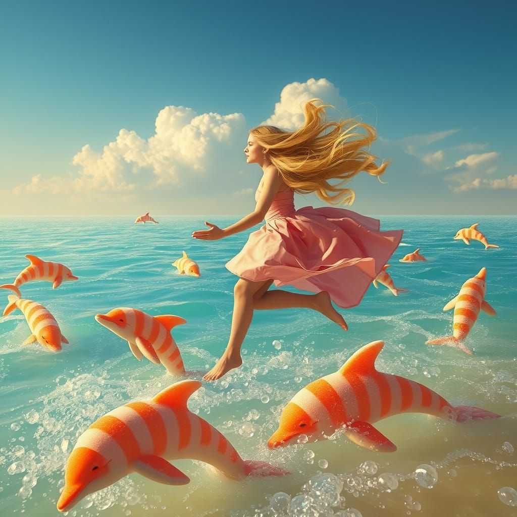 Woman Gliding Over Soda Sea with Candy Dolphins