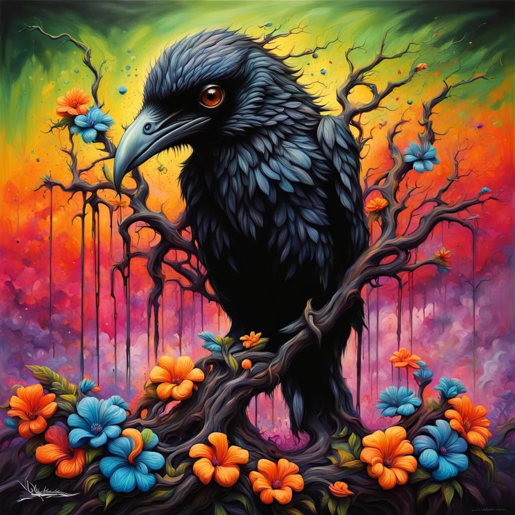 Surreal Graffiti Art: Twisted Black Tree and Exotic Flowers