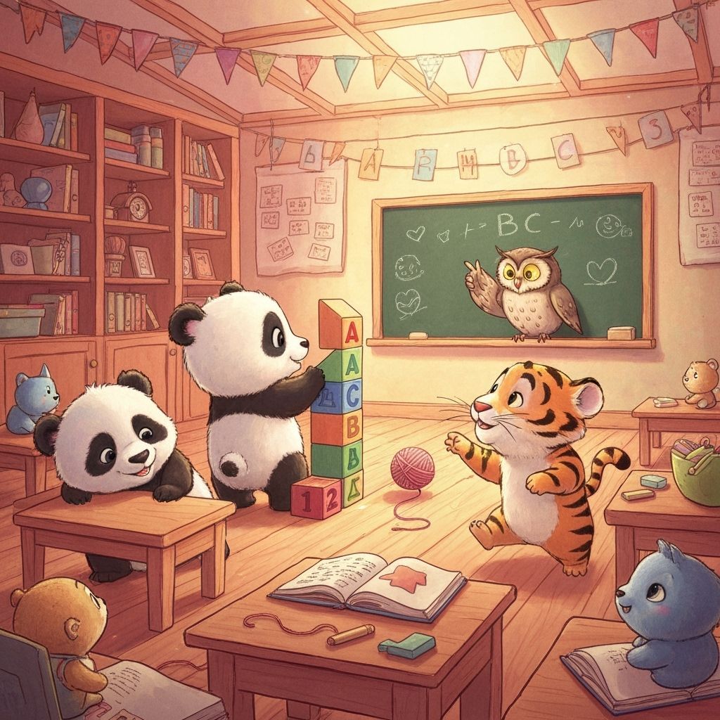 Adorable Baby Animals Learning ABCs in Cozy Classroom