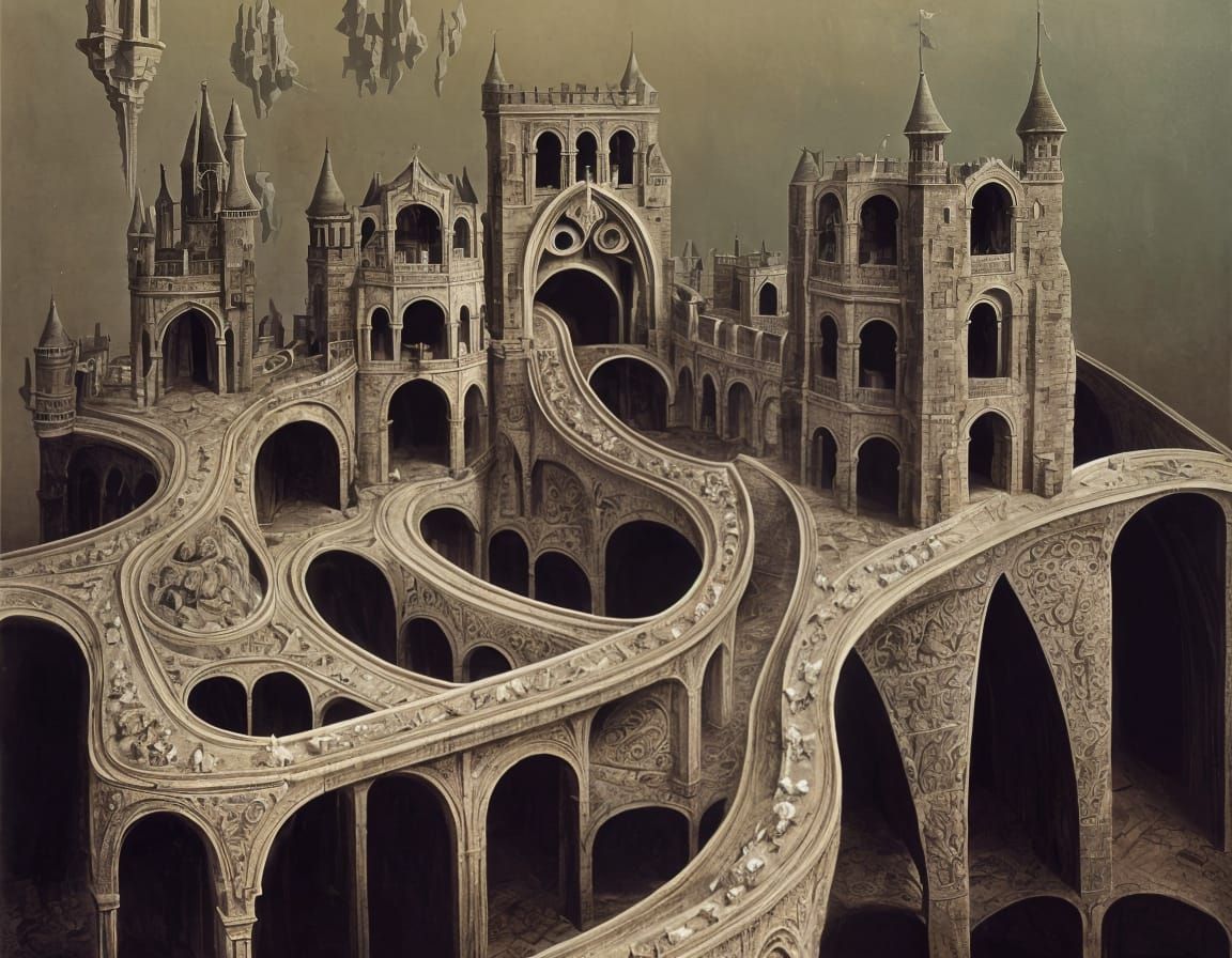 Surreal Castle Landscape in Intricate, Impossible Architectu...