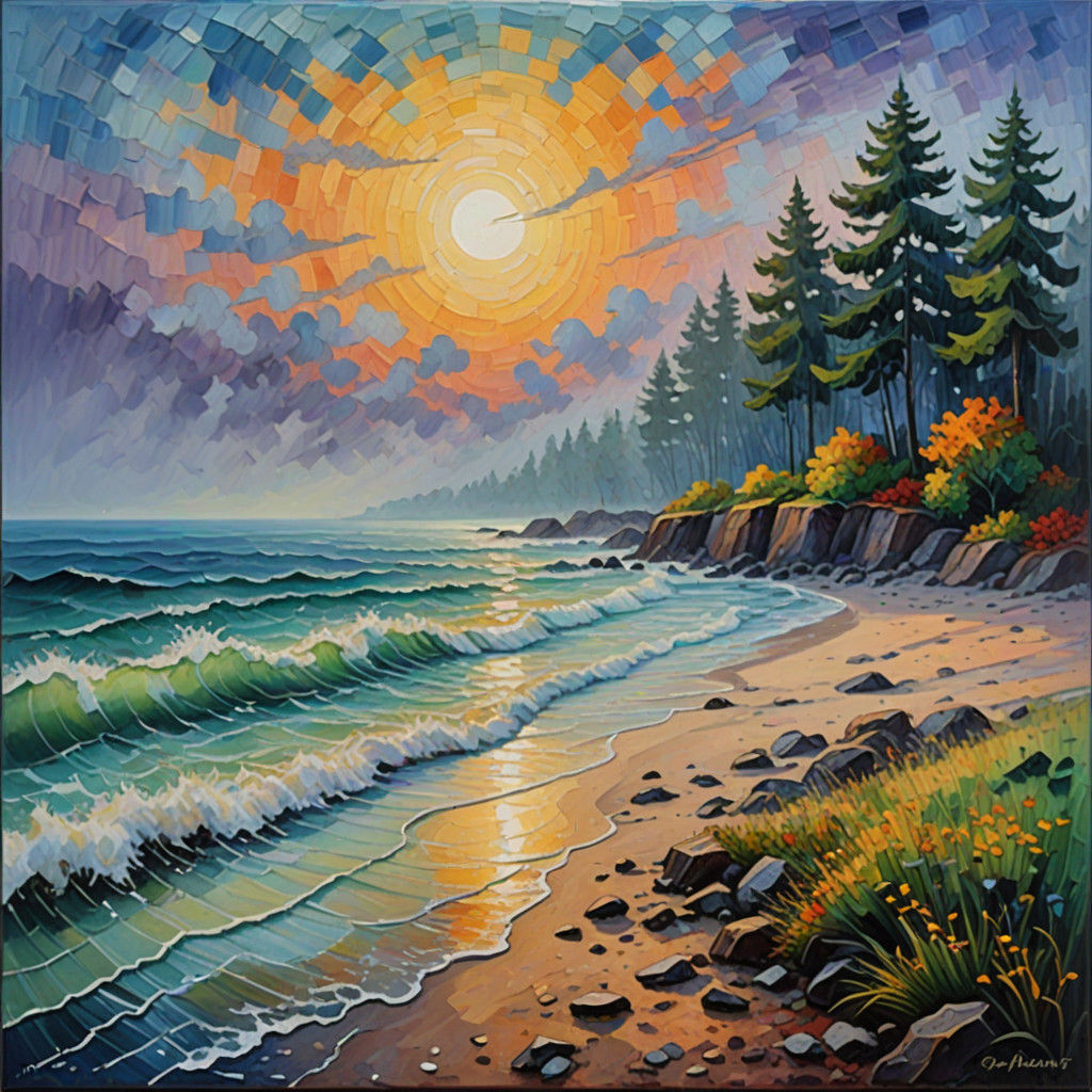 Mysterious River in Eerily Quiet Neo-Impressionist Landscape