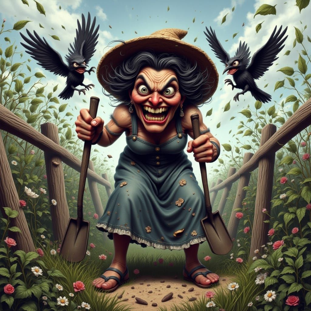Furious MeeMaw Defies Crows in Vibrant Rural Landscape