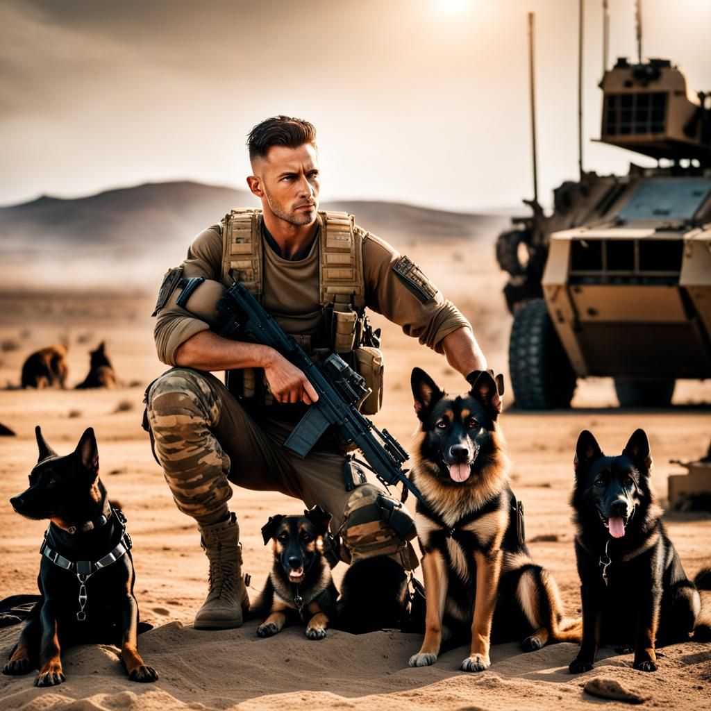 Post-Apocalyptic Soldier with Dogs in Wasteland