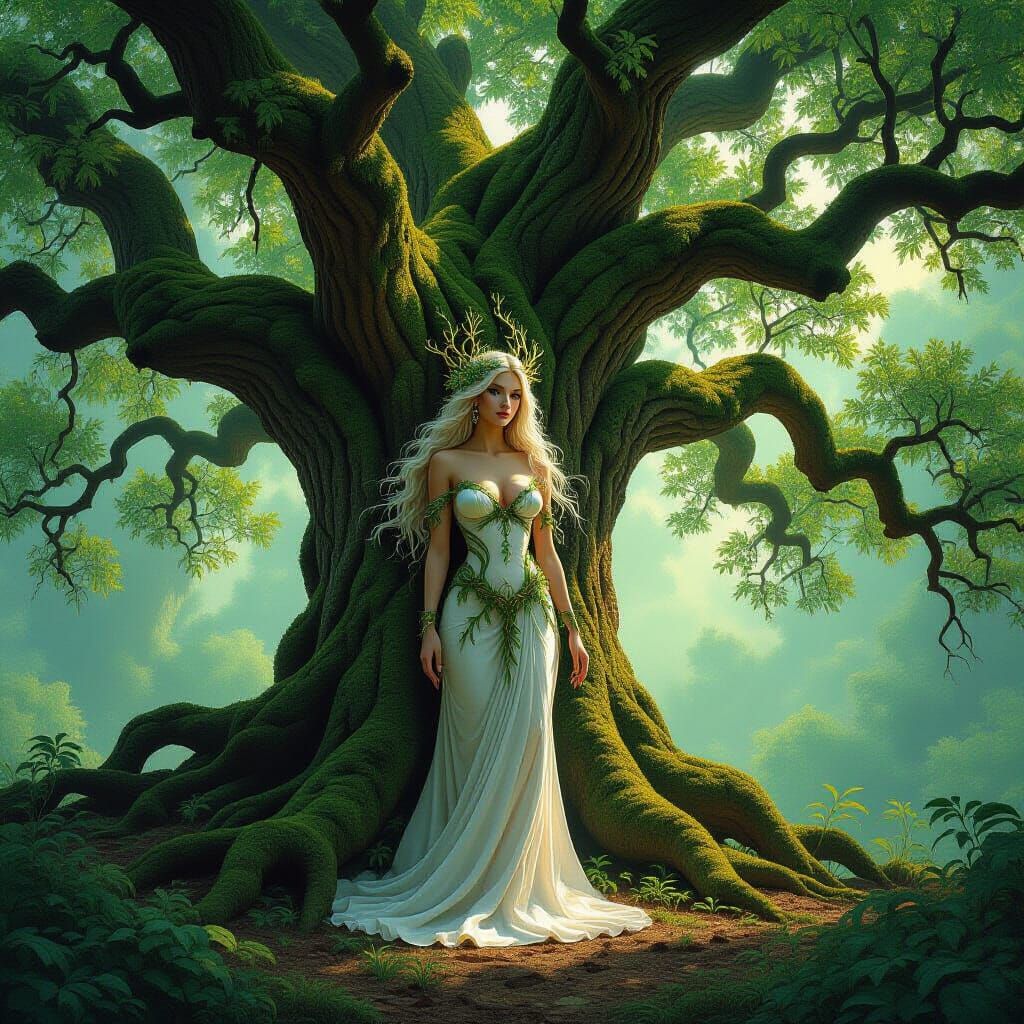 Goddess of Oak Trees in Maximalist Impressionist Style