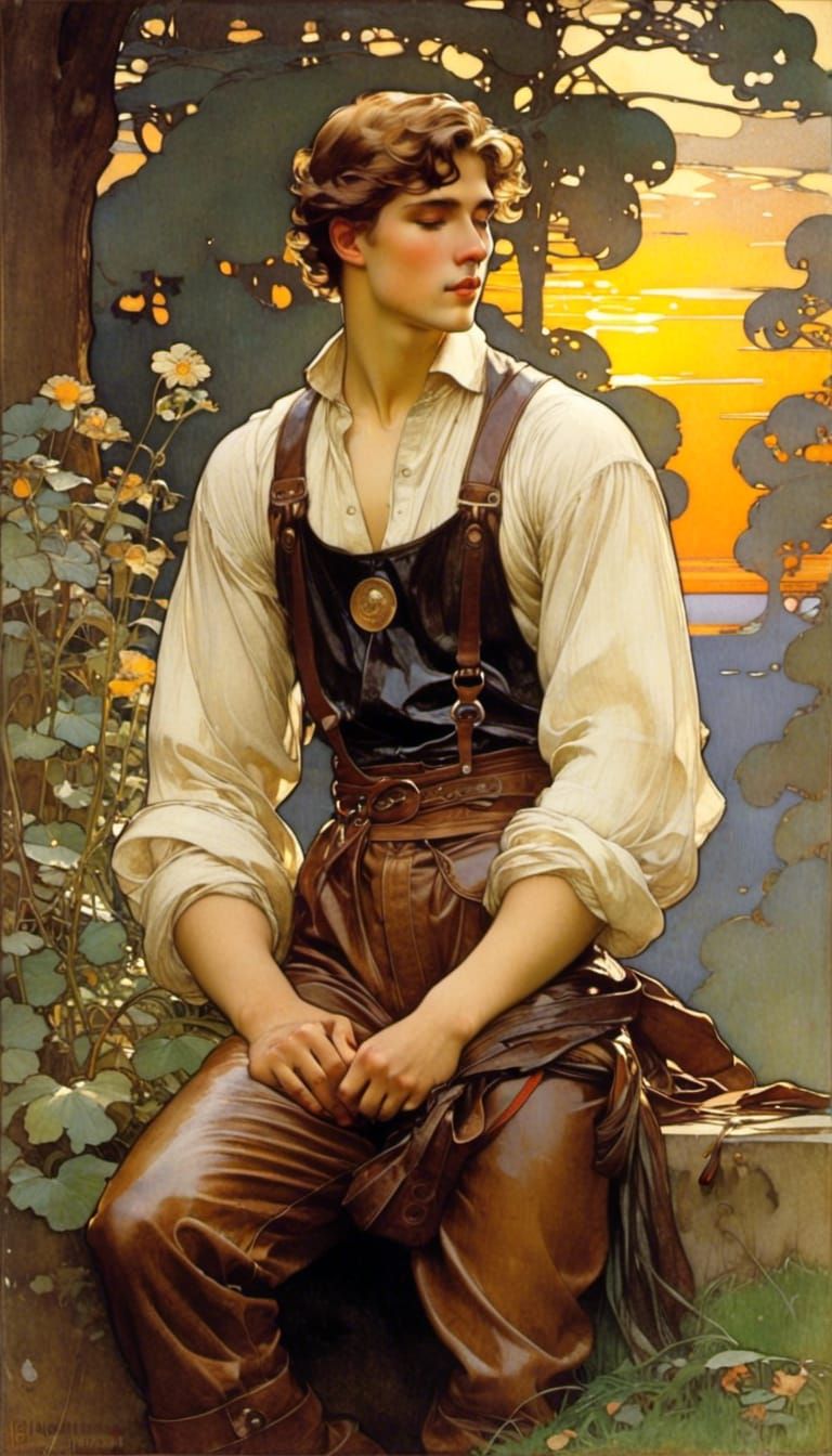 <lora:Art nouveau:1.0> a young handsome man in leather smock BLACKSMITH)) outdoor sunset