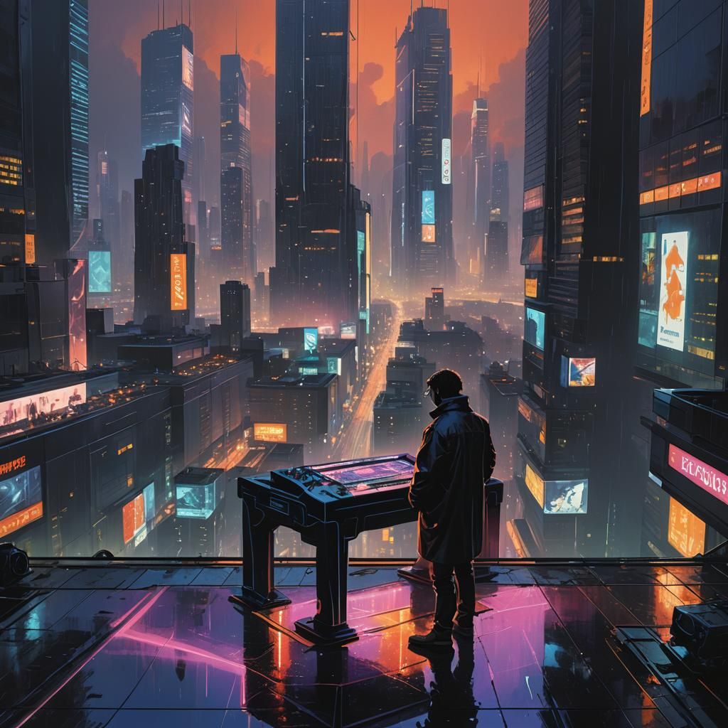 Neon Noir Cityscape with DJ in Cyberpunk Style
