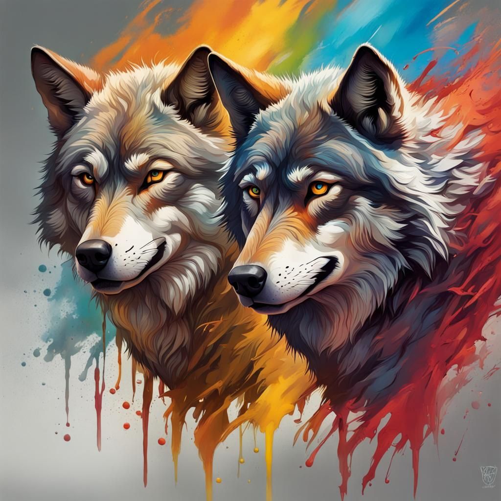 Hyperrealistic Wolves in Splash Art Style
