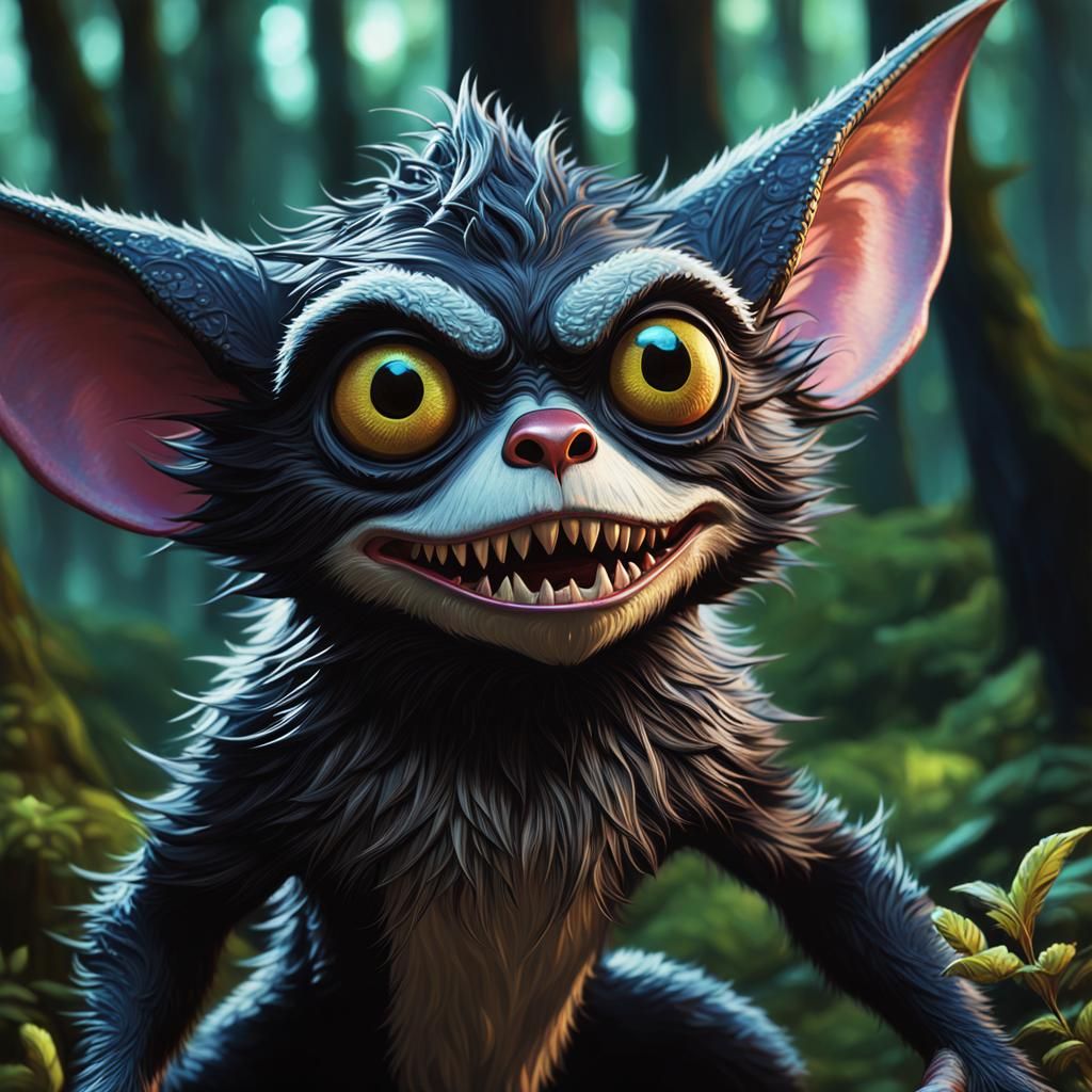 Hyperrealistic Gremlin in Dark Fairycore Forest