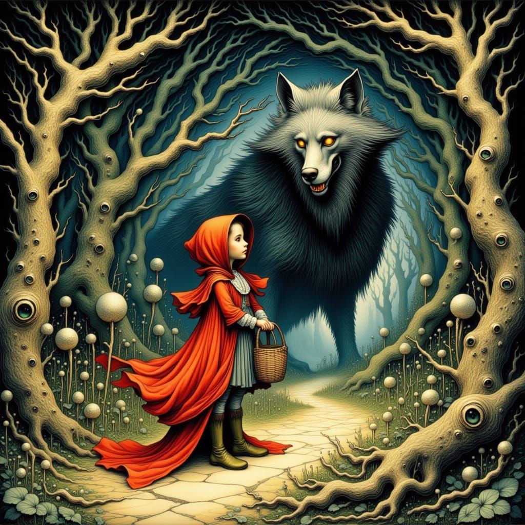 Little Red Riding Hood in Whimsical, Surreal Fantasy Landsca...