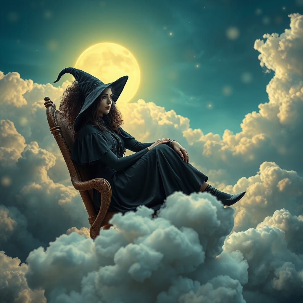 A beautiful witch is above surreal clouds