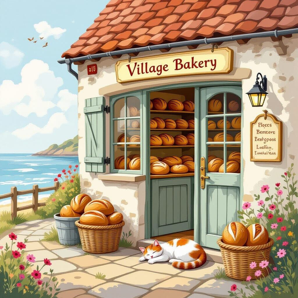 Seaside Bakery with Sleeping Cat in Folk Art Style