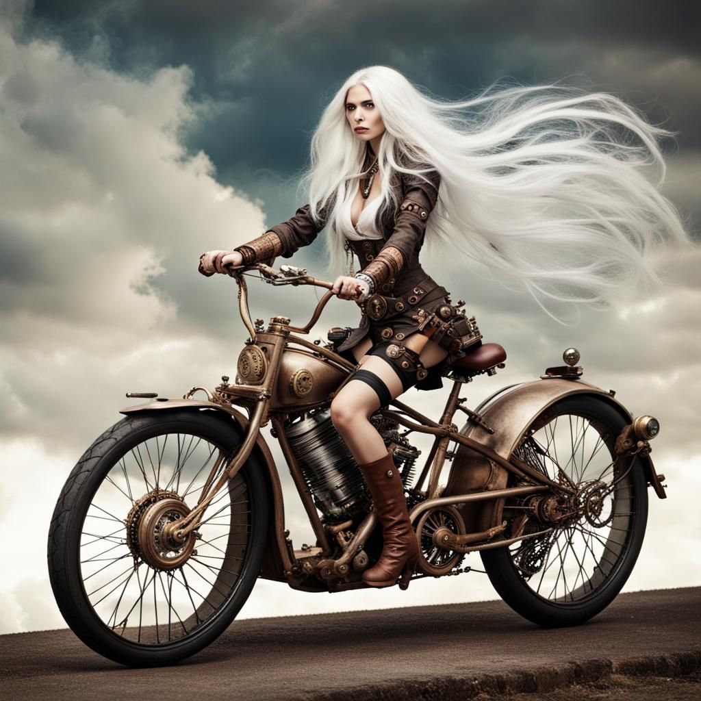 Woman with White Hair on Steampunk Bike