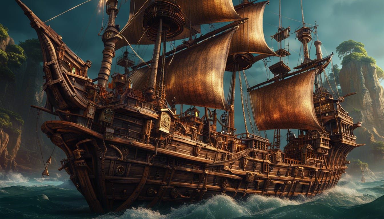 Steampunk Pirate Ship at Sea: Detailed Matte Painting