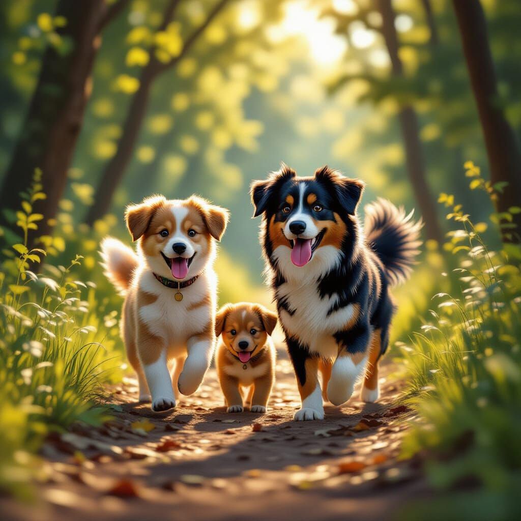 Heartwarming Dog Family Walk in Sun-Dappled Forest