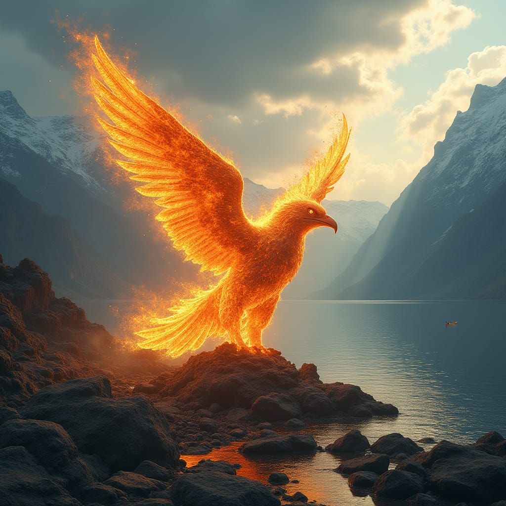 Golden Firebird Rises from Ashes Over Serene Lake