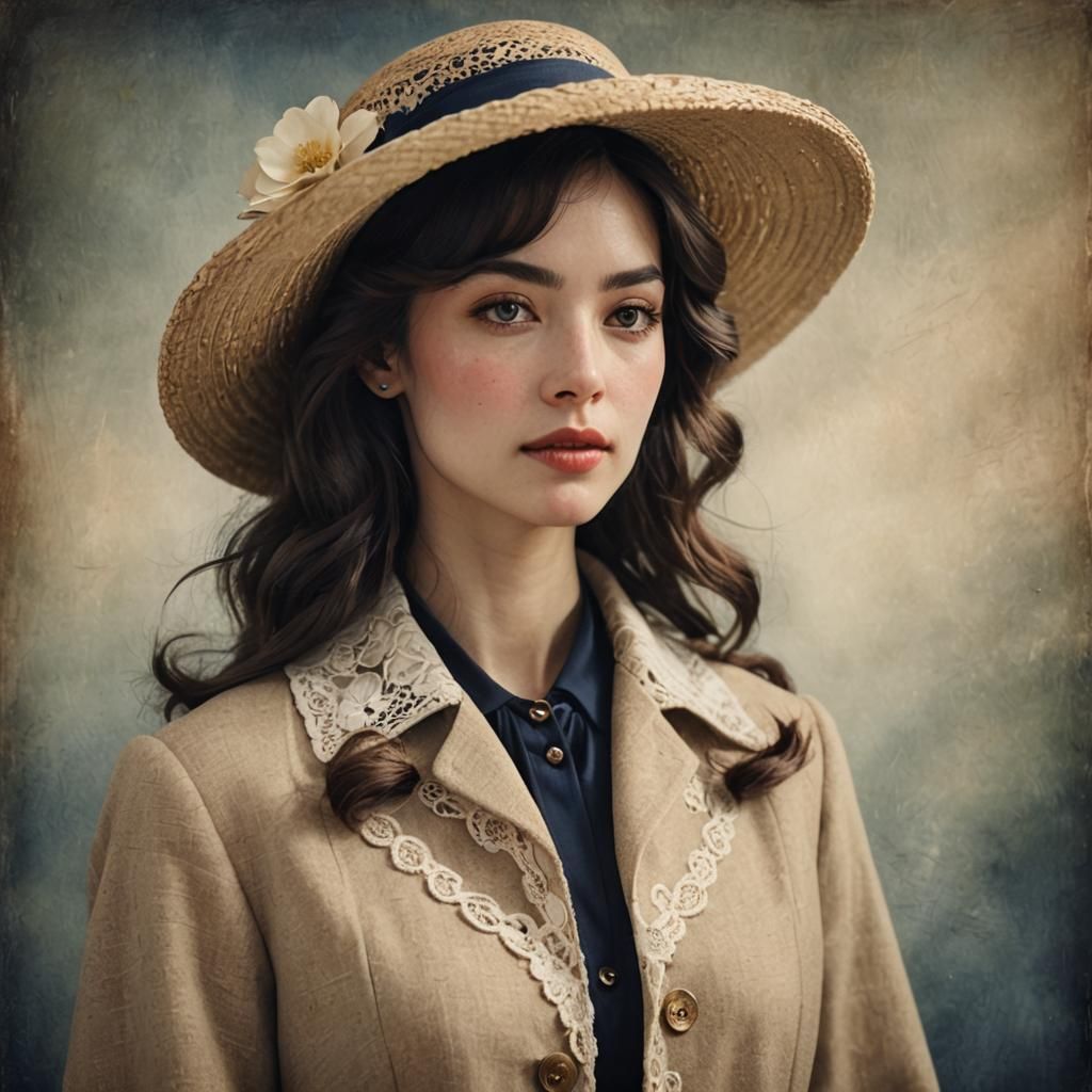 Woman in Vintage Coat and Straw Hat