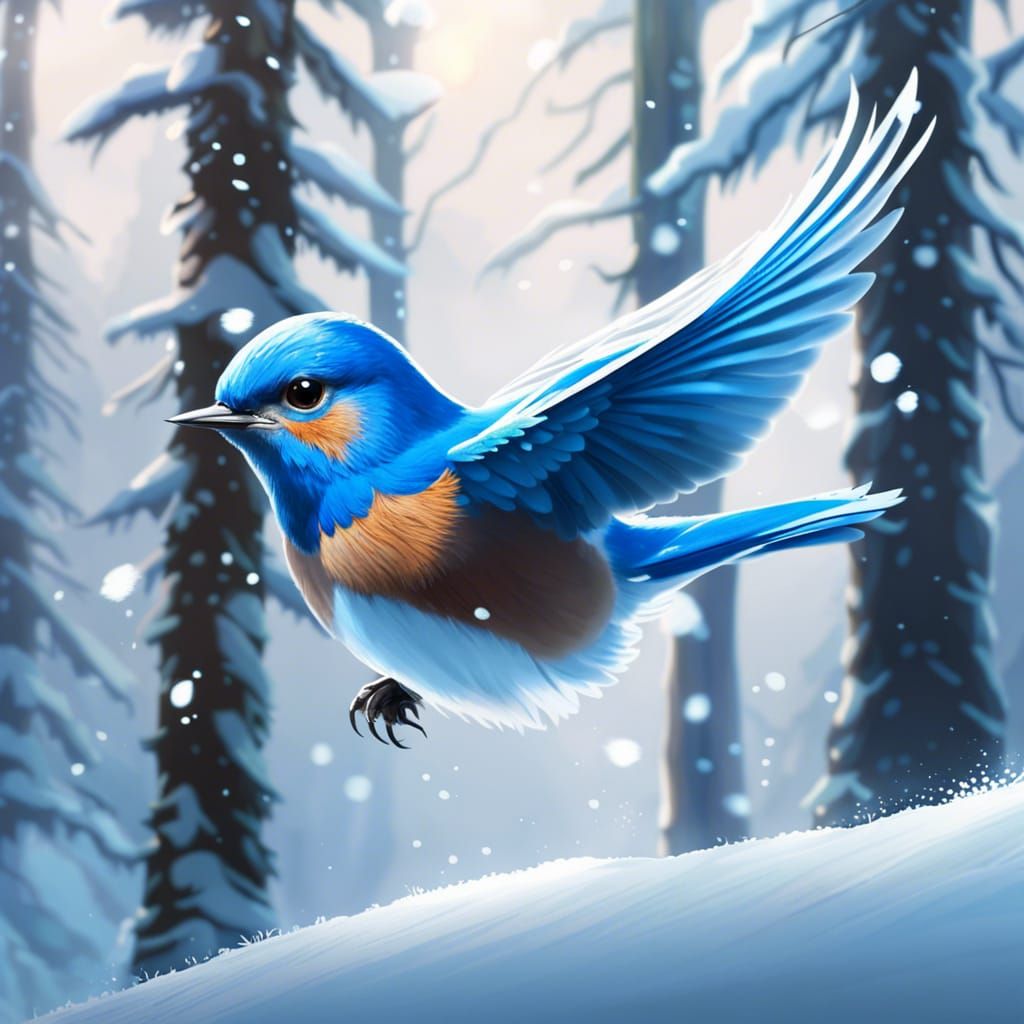 Happy Bluebird Flies Through Winter Forest