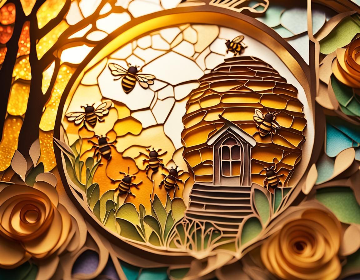 Stained Glass Beehive Paper Cutout Art