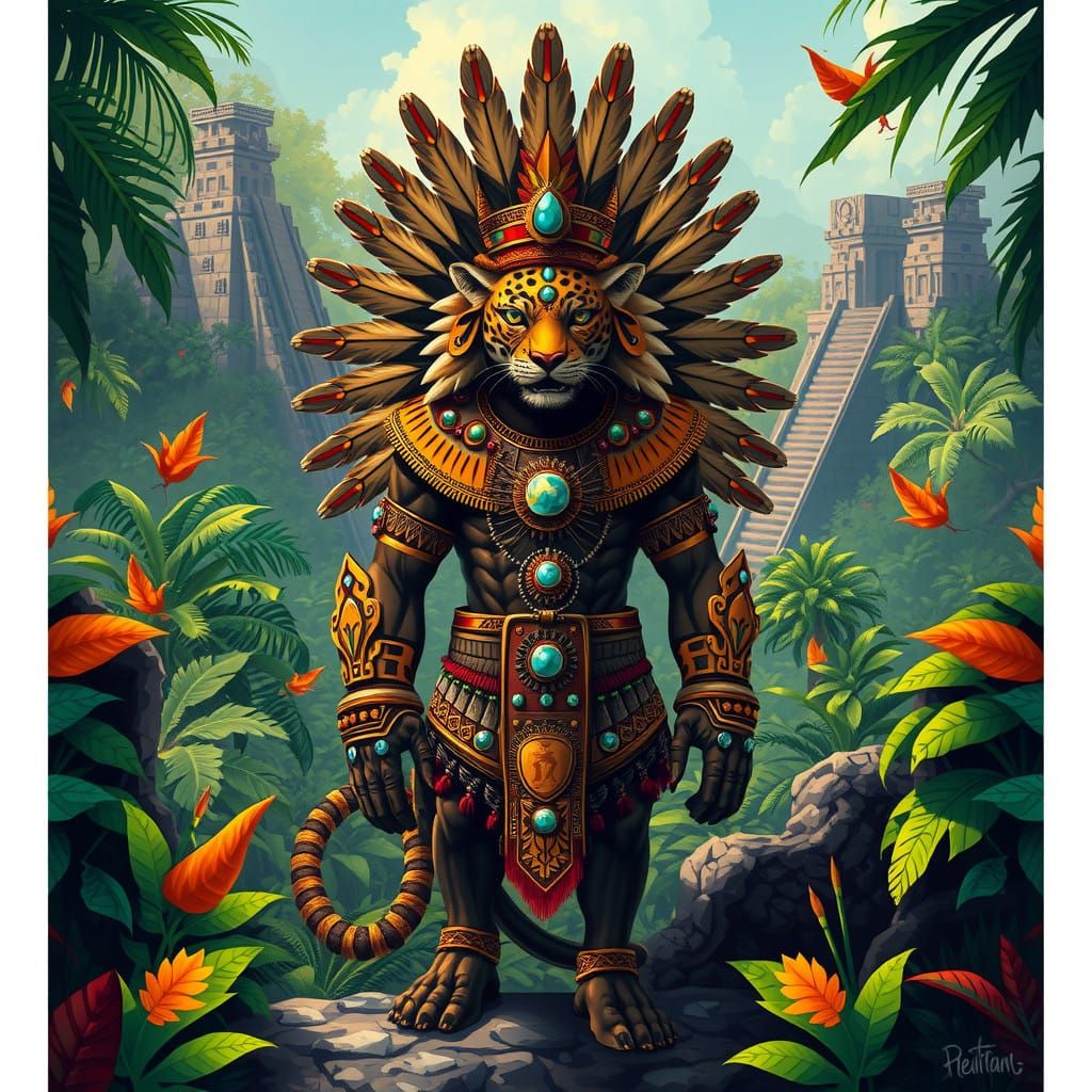 Aztec Jaguar God Ixalan in Vibrant Jungle Ruins