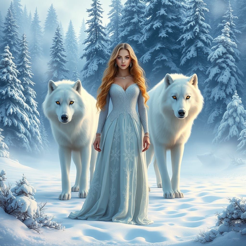 Winter Wonderland with Majestic Wolves and Golden Beauty
