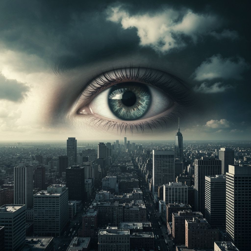 Surreal Cityscape with Colossal Eye in Dramatic Sky