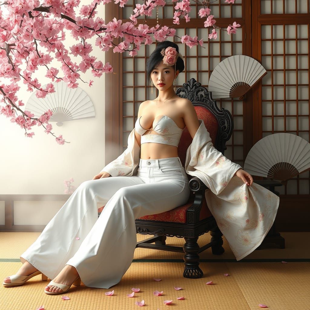 Geisha in Modern Attire Amidst Tradition