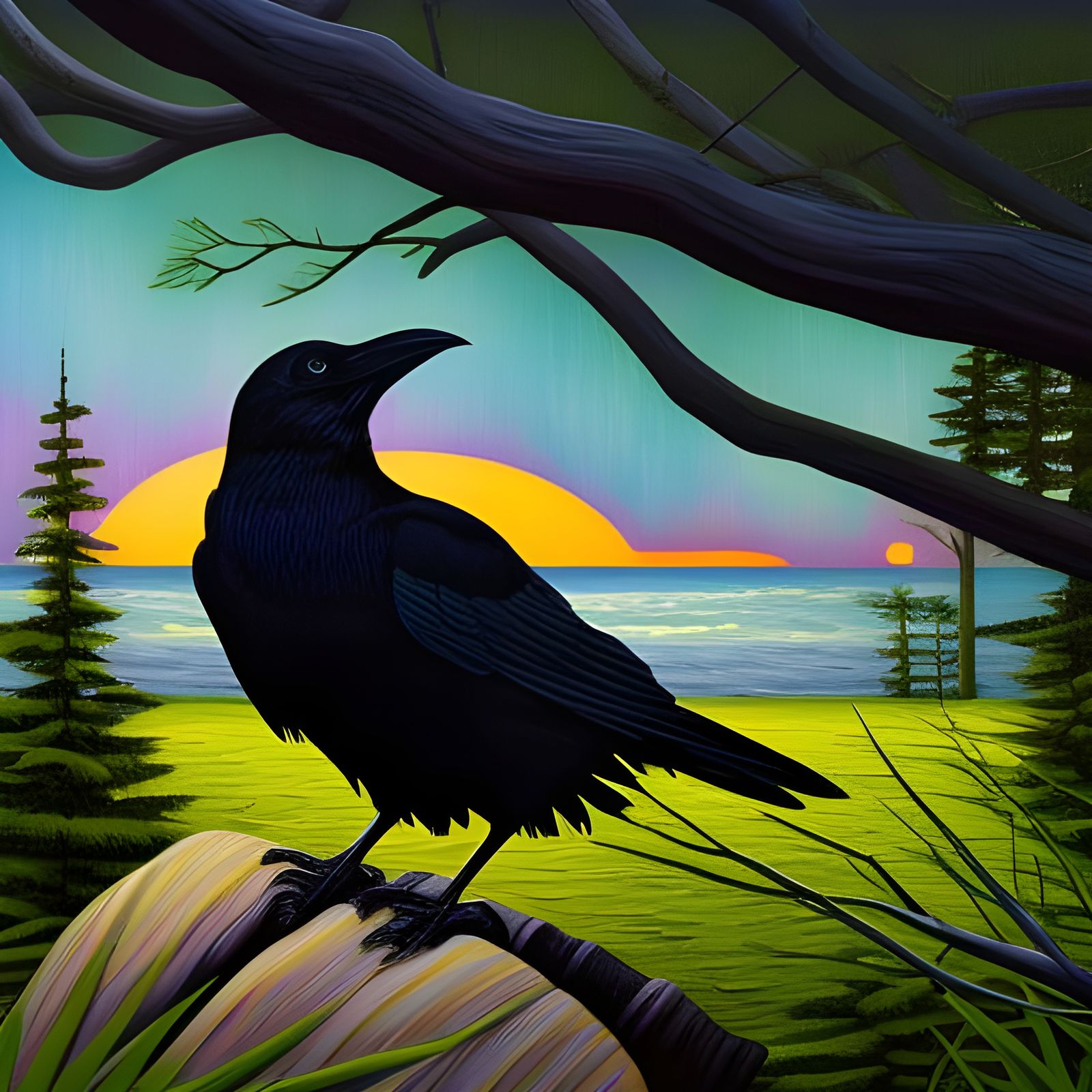 Chibi Raven in Illuminated Landscape
