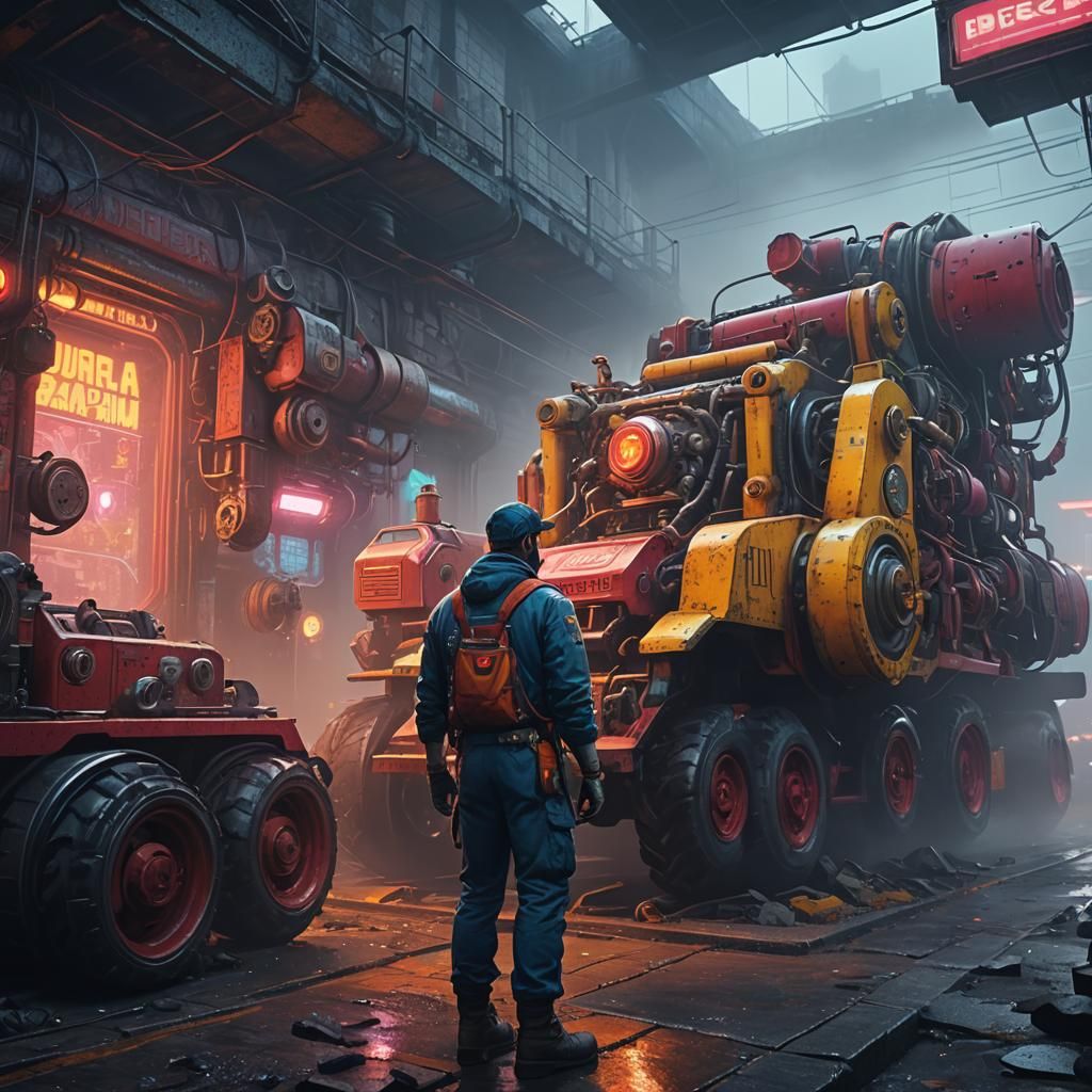 Futuristic Steampunk Mechanic Inspects Machinery