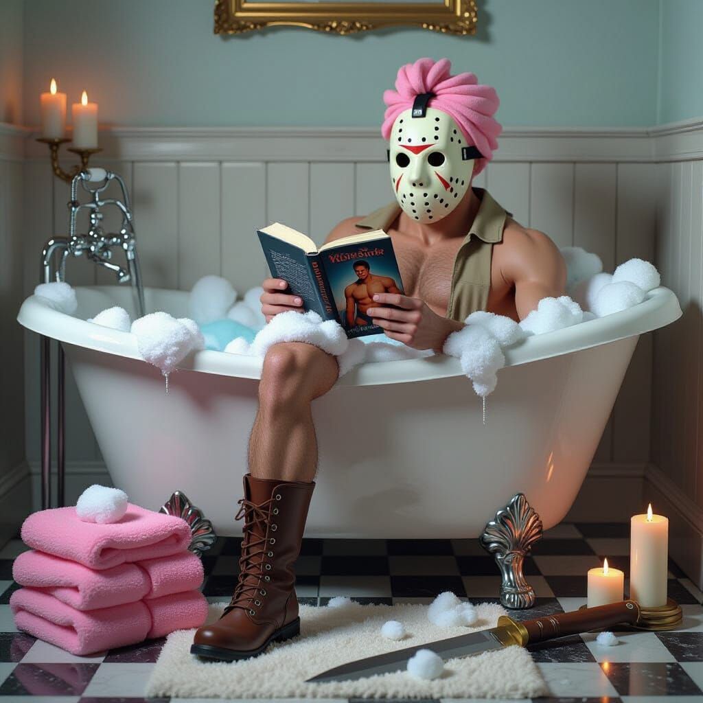 Jason Vorhees' Relaxing Bath Time in Anime Style