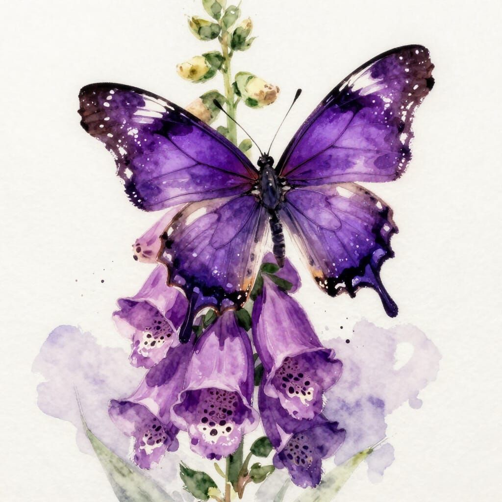 Purple Butterfly on Foxglove in Splashy Watercolor