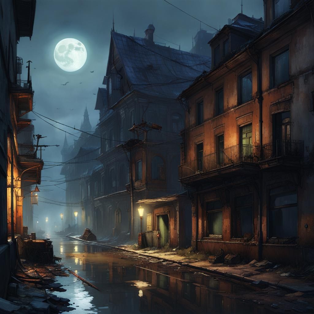 Ravenholm Inspired Decaying City Street at Night