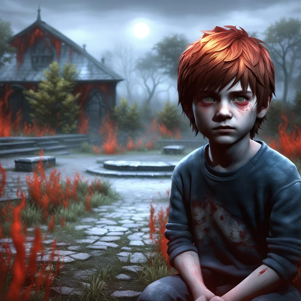 Boy Trapped in Silent Hill Garden: Dark Fantasy Art