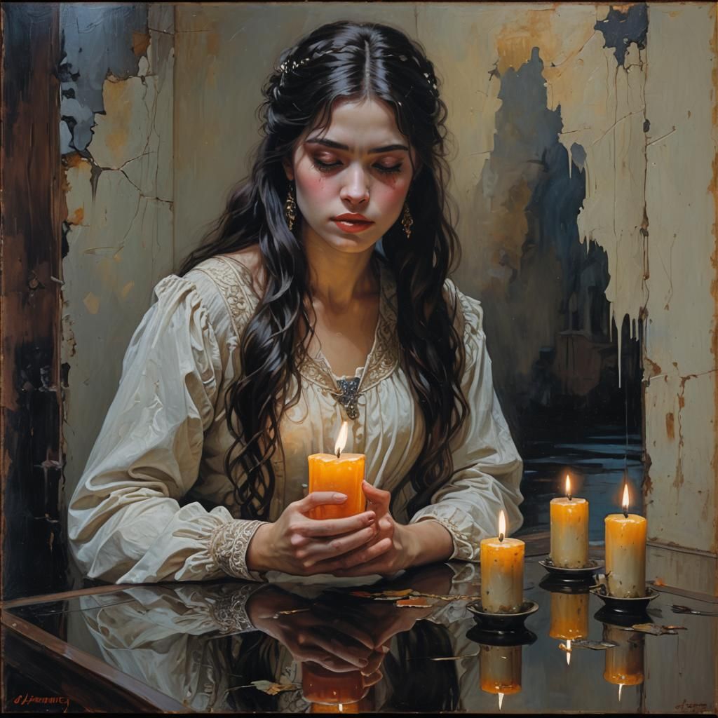 Weeping Woman's Reflection in Oil Painting