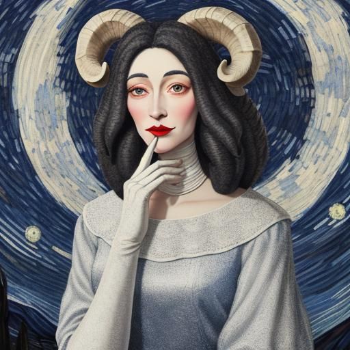 Anthropomorphic Sheep Woman Points at Neck, Starry Night