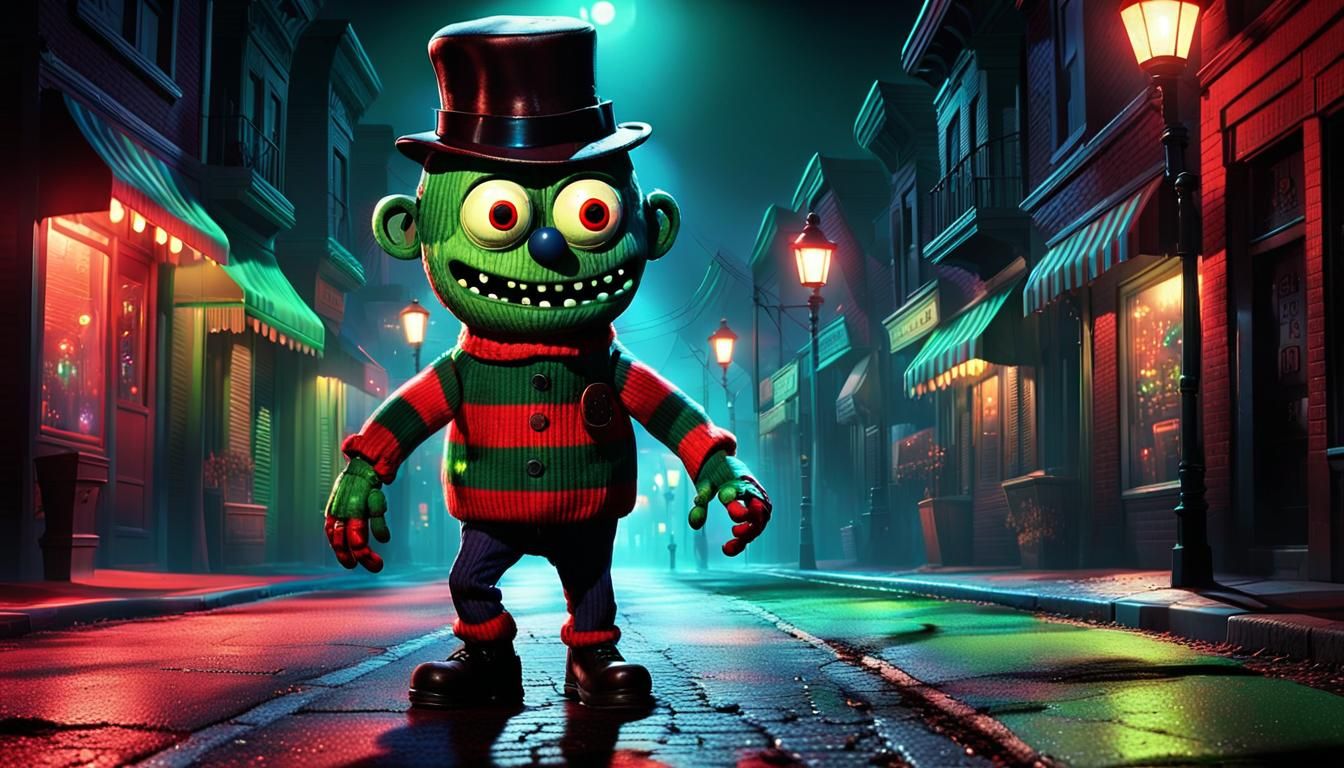 Chibi Freddy Krueger with Googly Eyes in Neon Horror